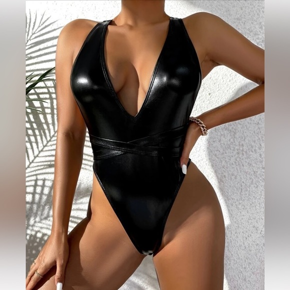 PU Lace Up Plunging One Piece Swimsuit - Picture 1 of 6